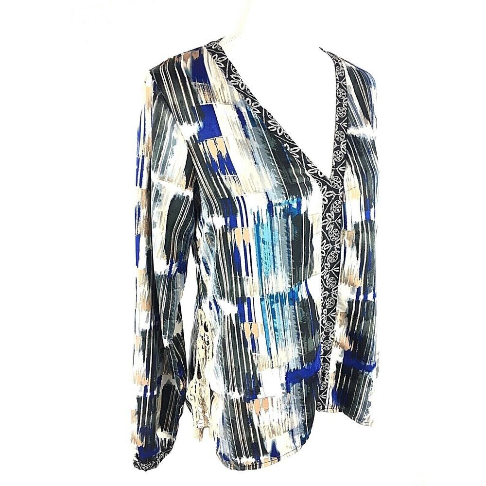 BKE Boutique Womens V-Neck Blouse M Medium All Over Streak Abstract Long Sleeve‎